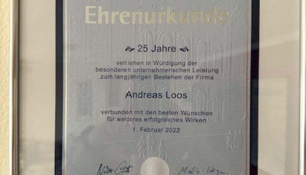 25 Jahre Firma Andreas Loos Ehrenurkunde der HK Hamburg