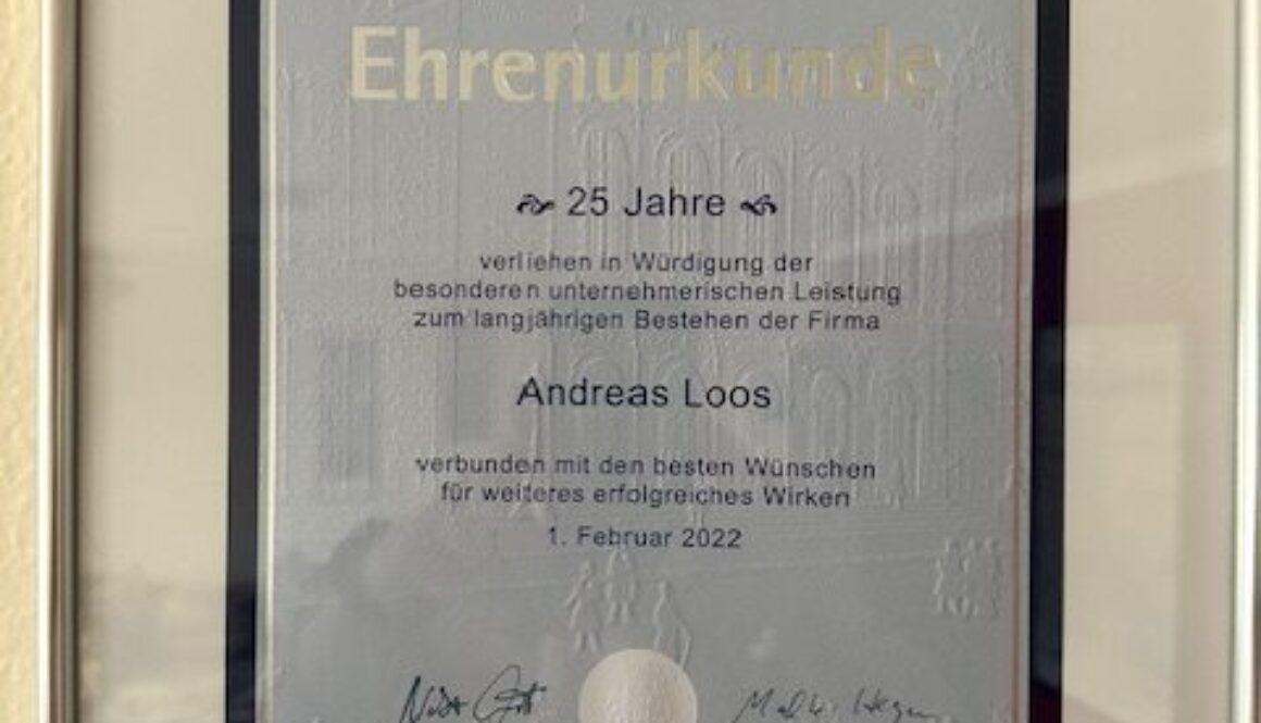 25 Jahre Firma Andreas Loos Ehrenurkunde der HK Hamburg